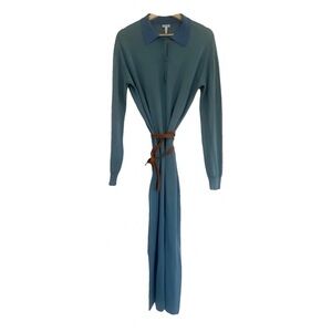 Loewe Blue Long-Sleeve Collared Dress with Brown Belt